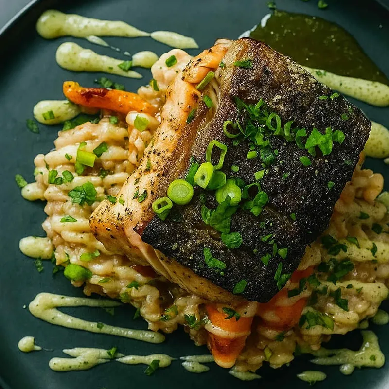 Wood-oven roasted salmon over risotto